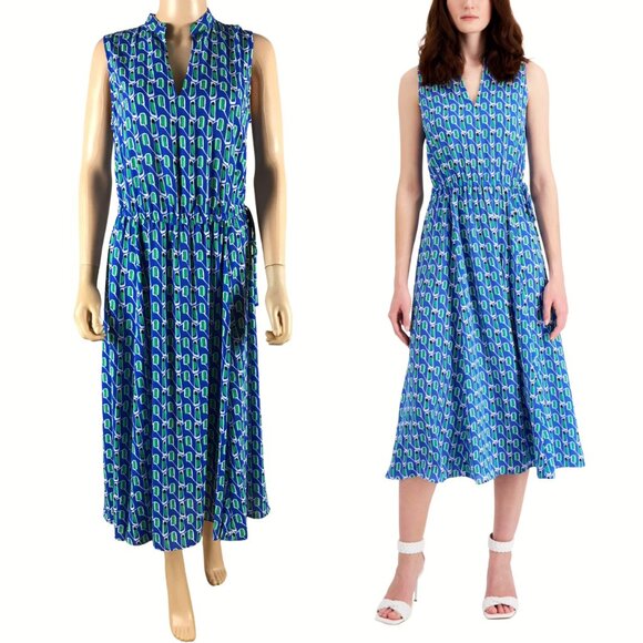 Anne Klein Plus Size 1X Blue Printed Drawstring Midi Dress NEW - Picture 1 of 11
